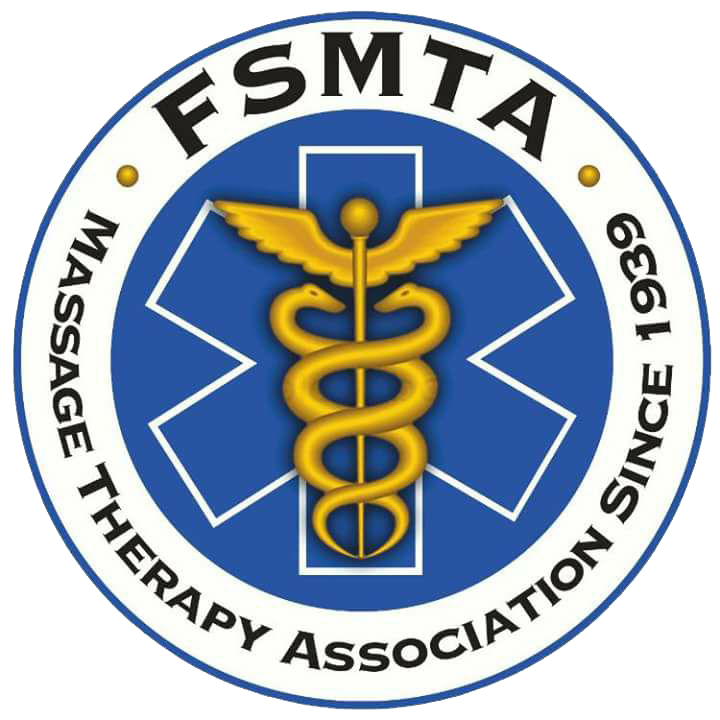 A blue and white logo with the words fsmta massage therapy association since 1 9 3 9.